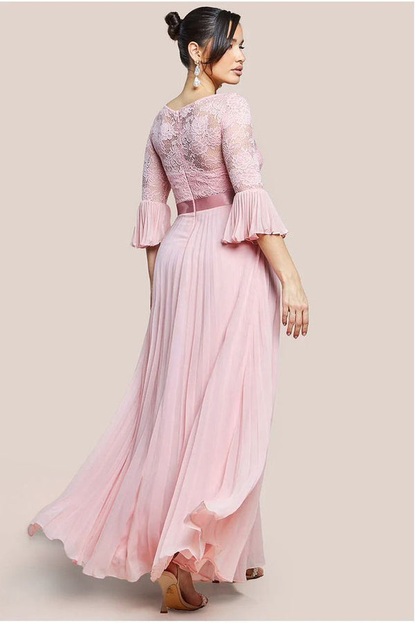 Goddiva Scalloped Lace Bodice Pleated Chiffon A Line Maxi Dress - Blush Pink By Goddiva