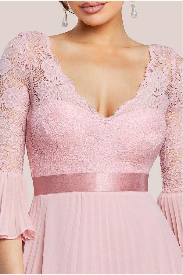 Goddiva Scalloped Lace Bodice Pleated Chiffon A Line Maxi Dress - Blush Pink By Goddiva