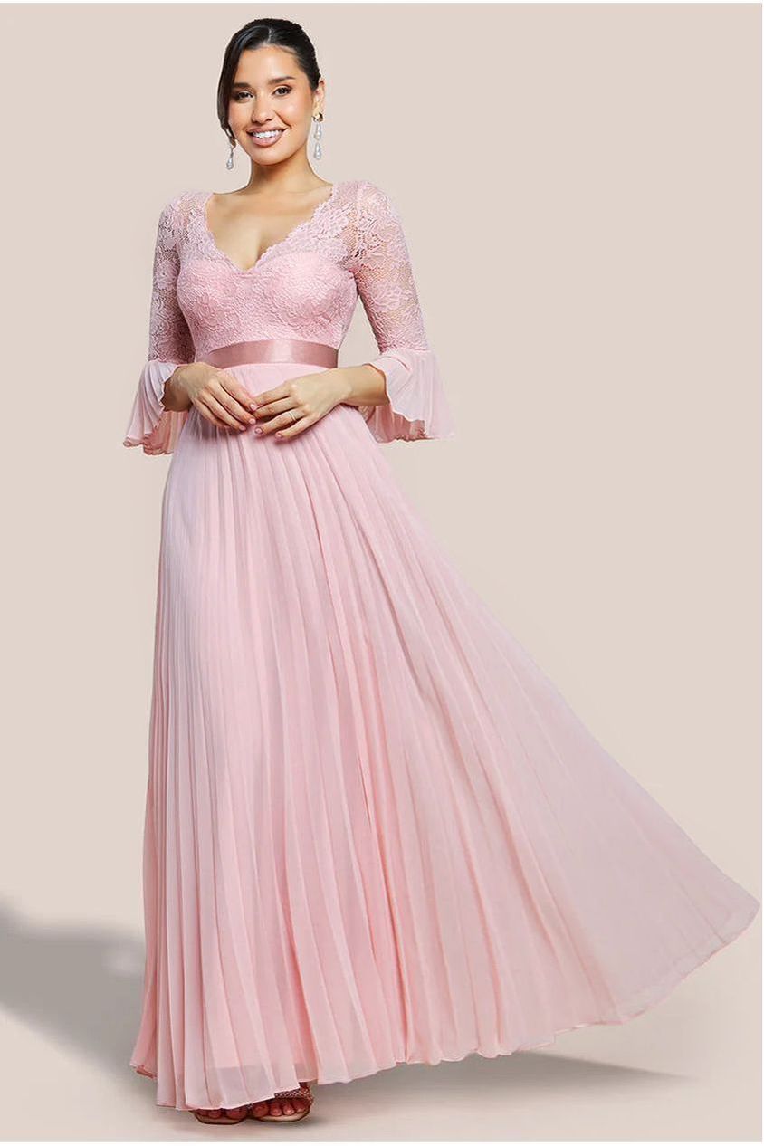 goddiva Scalloped Lace Bodice Pleated Chiffon A Line Maxi Dress - Blush Pink by Goddiva