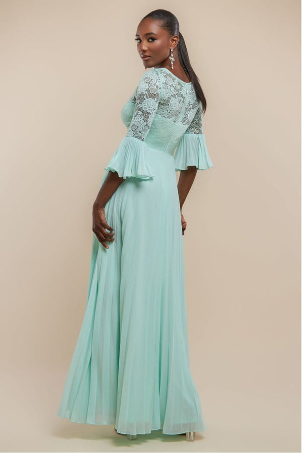 Goddiva Scalloped Lace Bodice Pleated Chiffon A Line Maxi Dress - Mint Green By Goddiva