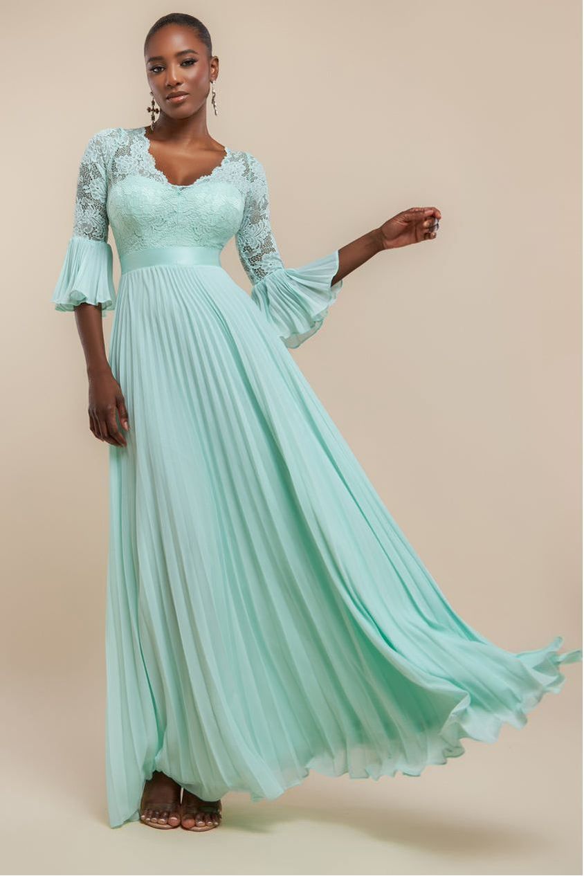 goddiva Scalloped Lace Bodice Pleated Chiffon A Line Maxi Dress - Mint Green by Goddiva