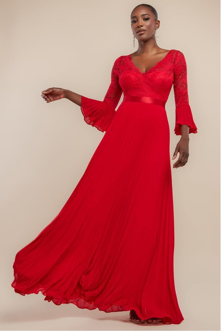 goddiva Scalloped Lace Bodice Pleated Chiffon A Line Maxi Dress - Red by Goddiva