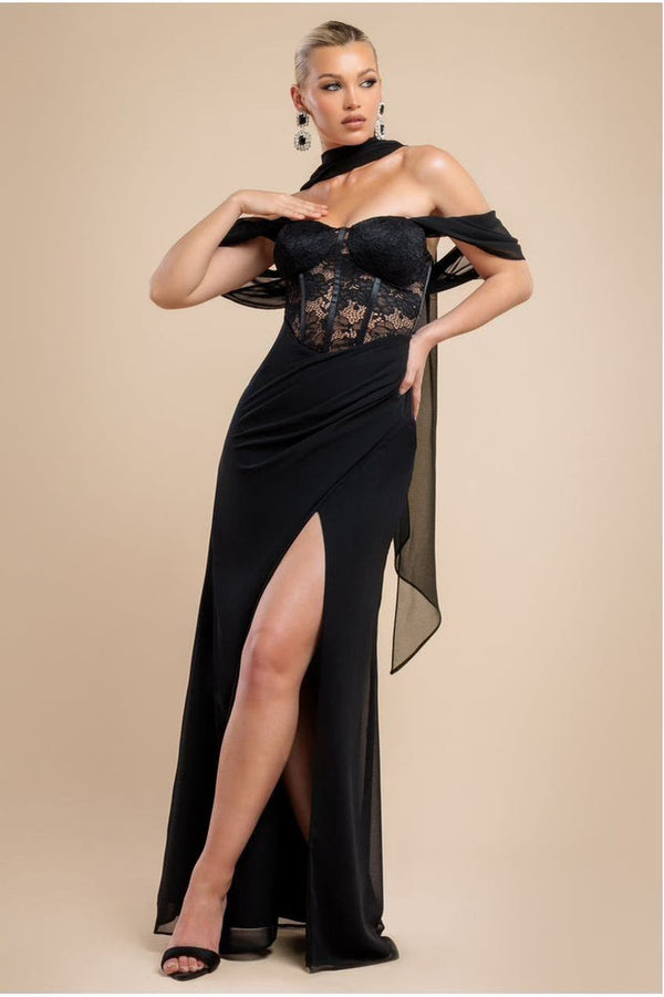 Goddiva Scalloped Lace & Chiffon Winged Corset Bodice Maxi Dress - Black By Goddiva
