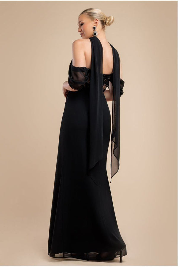 Goddiva Scalloped Lace & Chiffon Winged Corset Bodice Maxi Dress - Black By Goddiva