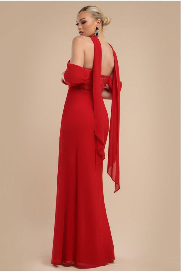 Goddiva Scalloped Lace & Chiffon Winged Corset Bodice Maxi Dress - Red By Goddiva