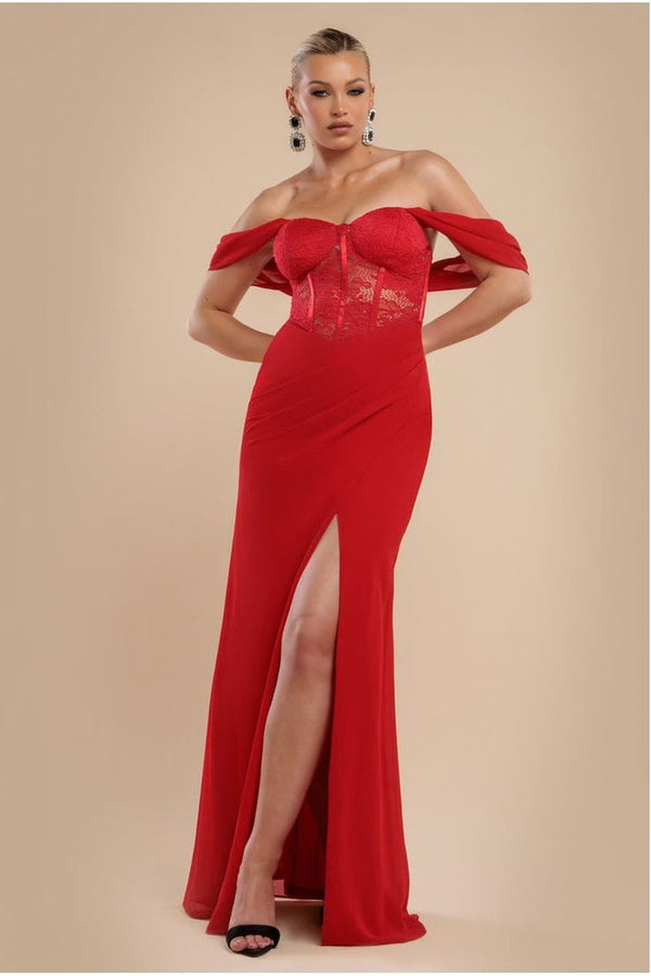 Goddiva Scalloped Lace & Chiffon Winged Corset Bodice Maxi Dress - Red By Goddiva