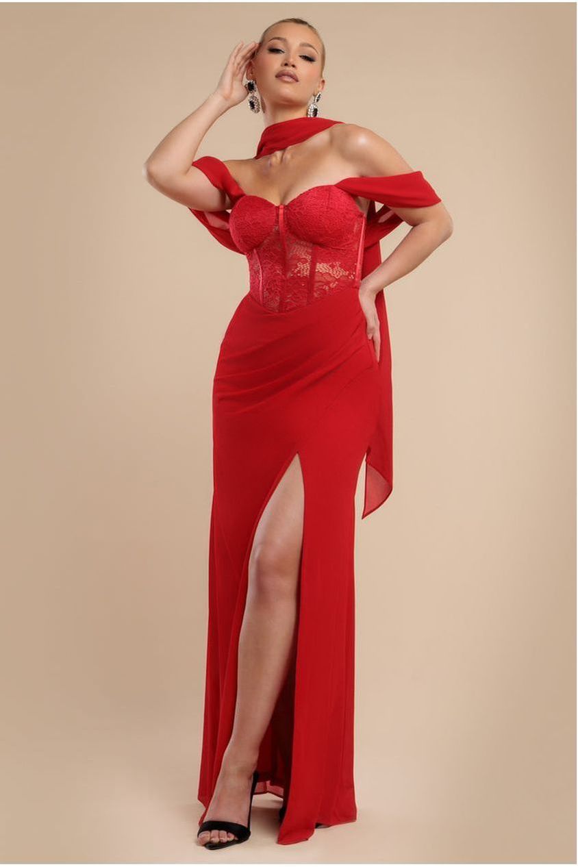 goddiva Scalloped Lace & Chiffon Winged Corset Bodice Maxi Dress - Red by Goddiva