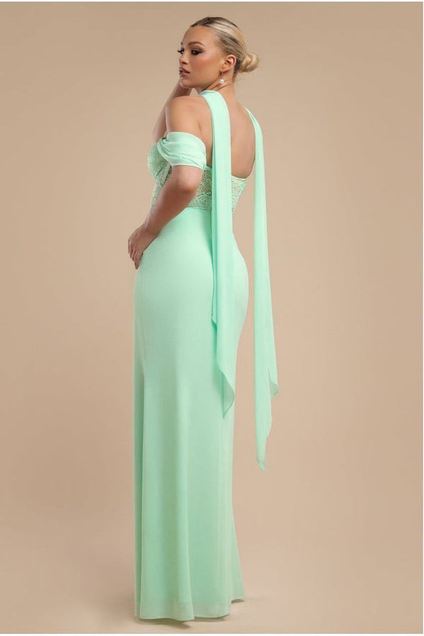 Goddiva Scalloped Lace & Chiffon Winged Corset Bodice Maxi Dress - Mint Green By Goddiva