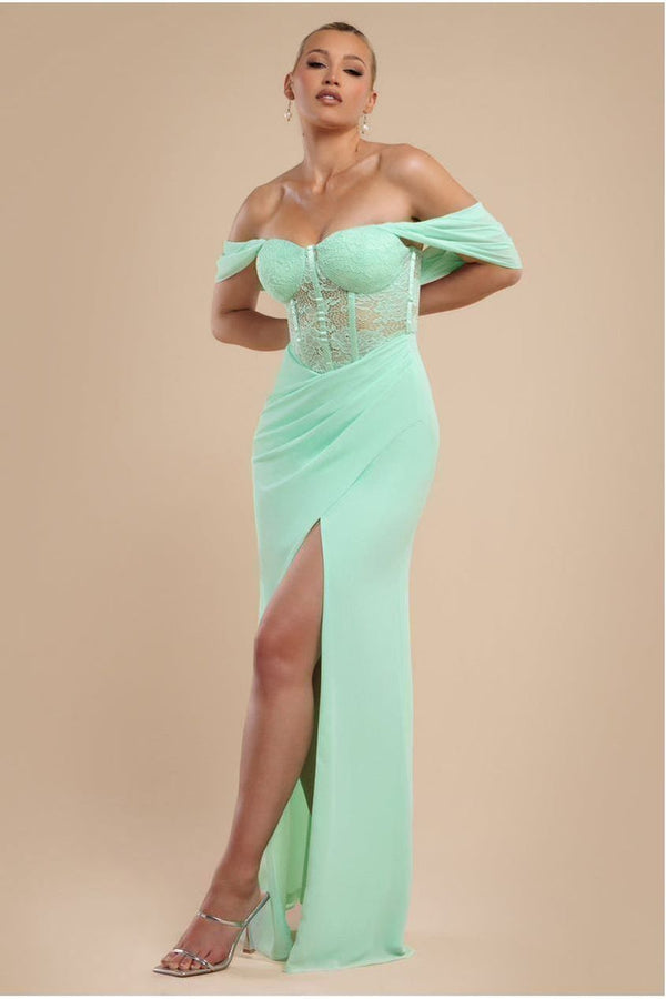 Goddiva Scalloped Lace & Chiffon Winged Corset Bodice Maxi Dress - Mint Green By Goddiva