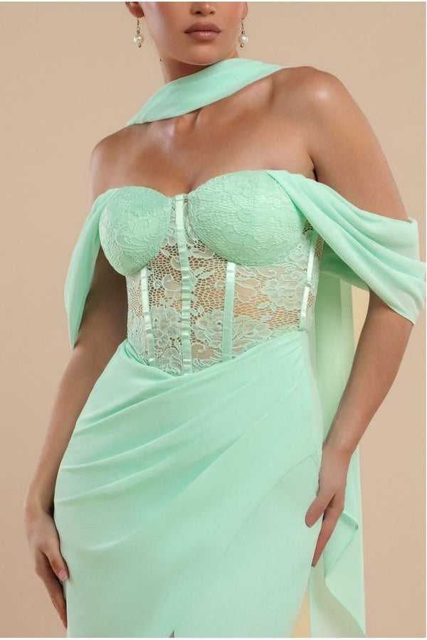 Goddiva Scalloped Lace & Chiffon Winged Corset Bodice Maxi Dress - Mint Green By Goddiva