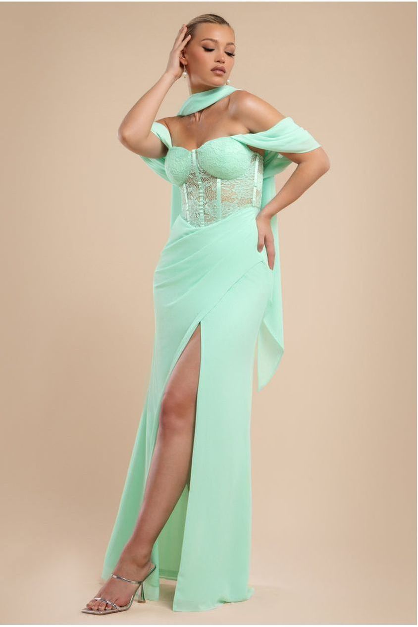 goddiva Scalloped Lace & Chiffon Winged Corset Bodice Maxi Dress - Mint Green by Goddiva