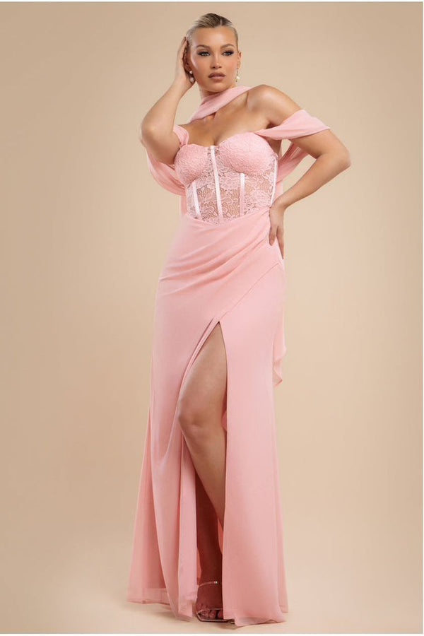 Goddiva Scalloped Lace & Chiffon Winged Corset Bodice Maxi Dress - Blush Pink By Goddiva