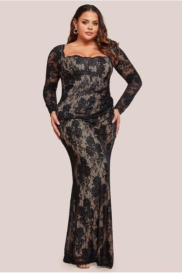 Goddiva Scalloped Lace Corset Bodice Maxi Dress - Black By Goddiva Plus