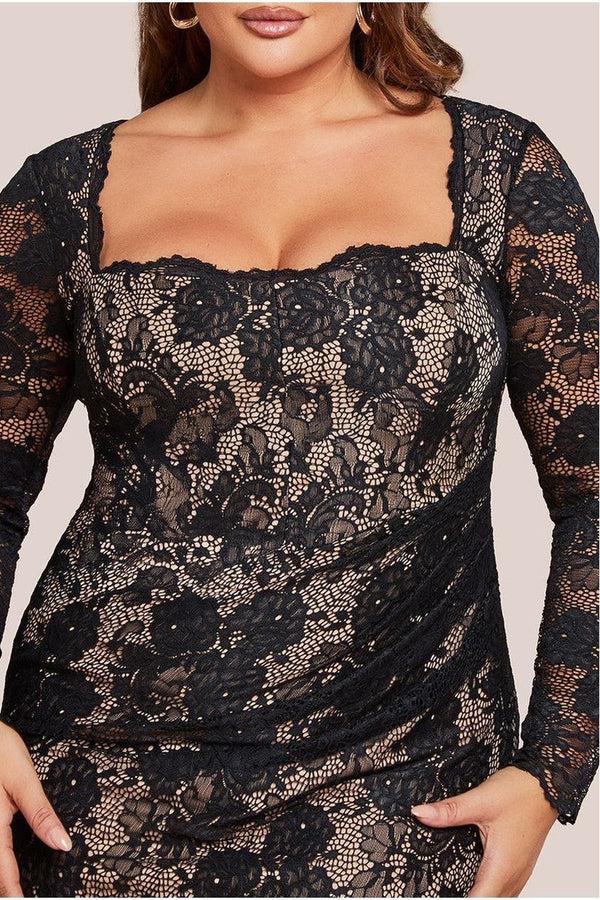 Goddiva Scalloped Lace Corset Bodice Maxi Dress - Black By Goddiva Plus