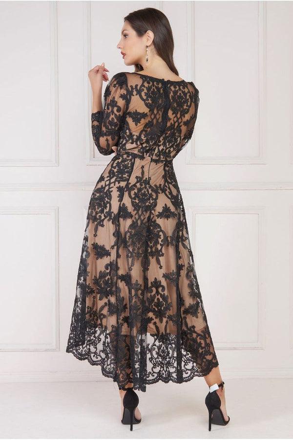 Goddiva Scalloped Lace Dipped Hem Midi Dress - Black By Goddiva