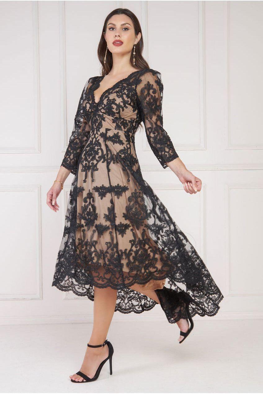 goddiva Scalloped Lace Dipped Hem Midi Dress - Black by Goddiva