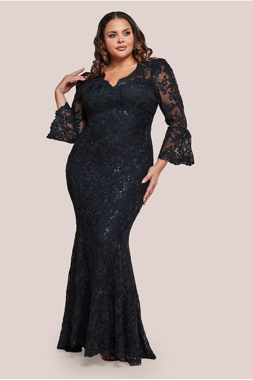 goddiva Scalloped Lace Maxi Dress - Black by Goddiva Plus
