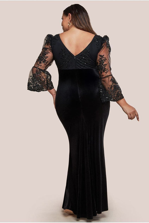 Goddiva Scalloped Lace & Velvet Maxi Dress - Black By Goddiva Plus