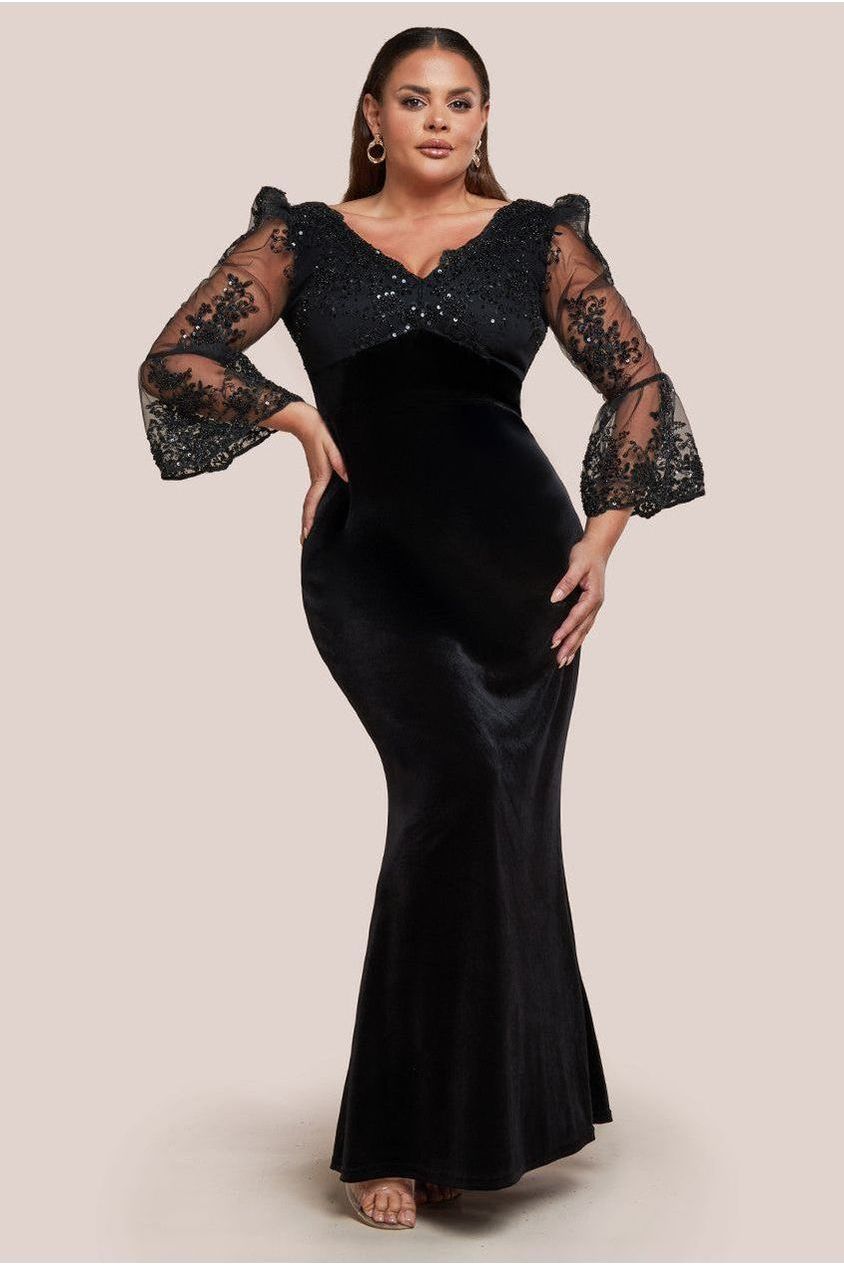 goddiva Scalloped Lace & Velvet Maxi Dress - Black by Goddiva Plus