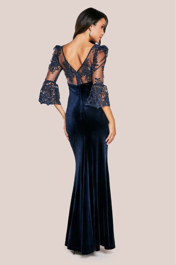 Goddiva Scalloped Lace & Velvet Maxi Dress - Navy By Goddiva