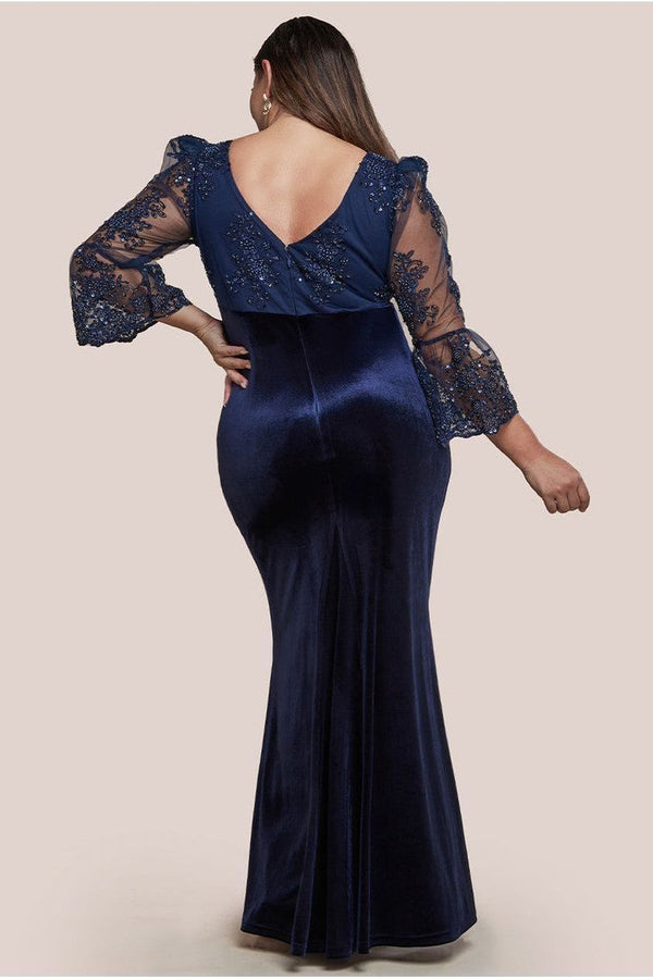 Goddiva Scalloped Lace & Velvet Maxi Dress - Navy By Goddiva Plus