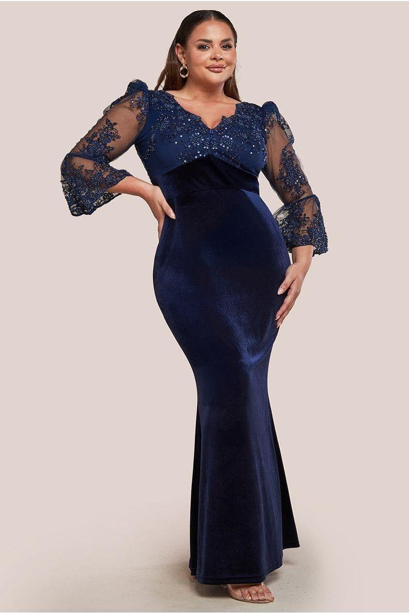 goddiva Scalloped Lace & Velvet Maxi Dress - Navy by Goddiva Plus