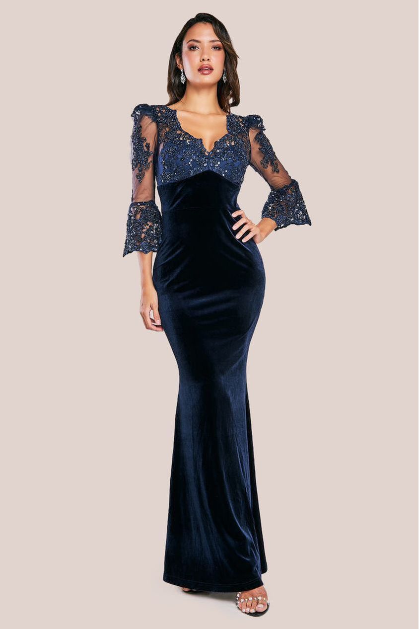 goddiva Scalloped Lace & Velvet Maxi Dress - Navy by Goddiva