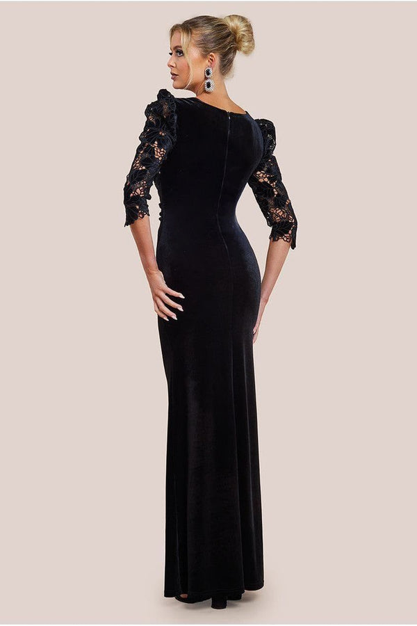 Goddiva Scalloped Velvet Crochet Maxi Dress - Black By Goddiva