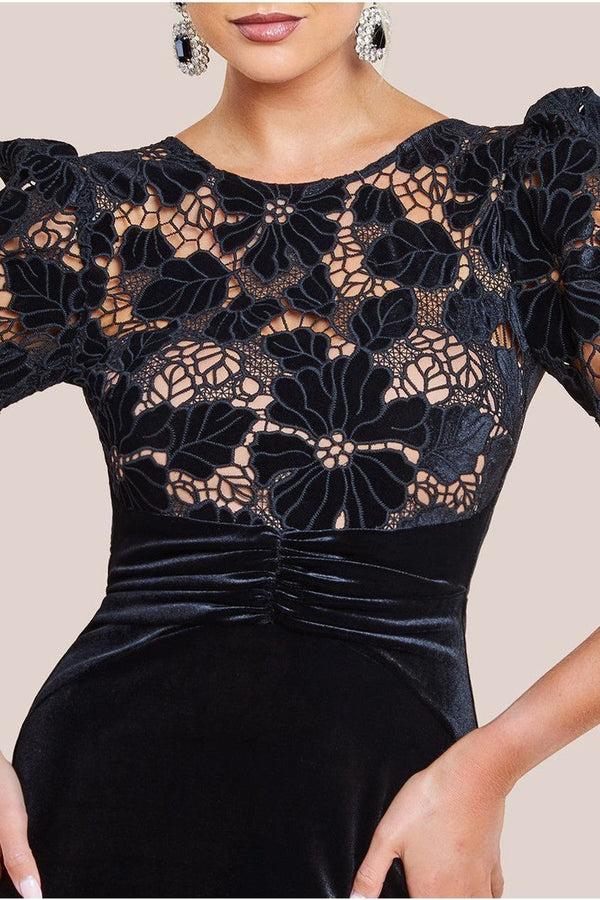 Goddiva Scalloped Velvet Crochet Maxi Dress - Black By Goddiva