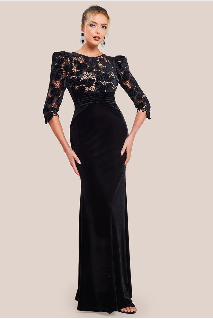 goddiva Scalloped Velvet Crochet Maxi Dress - Black by Goddiva