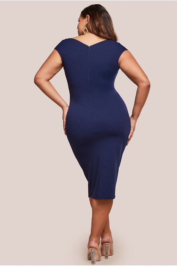 Goddiva Scuba Bardot Pleated Midi Dress - Navy By Goddiva Plus