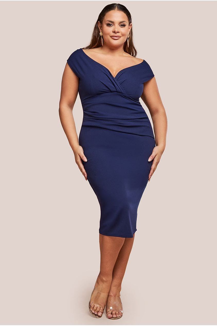 goddiva Scuba Bardot Pleated Midi Dress - Navy by Goddiva Plus