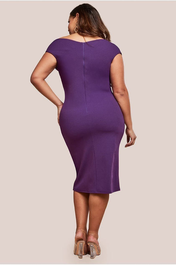 Goddiva Scuba Bardot Pleated Midi Dress - Purple By Goddiva Plus