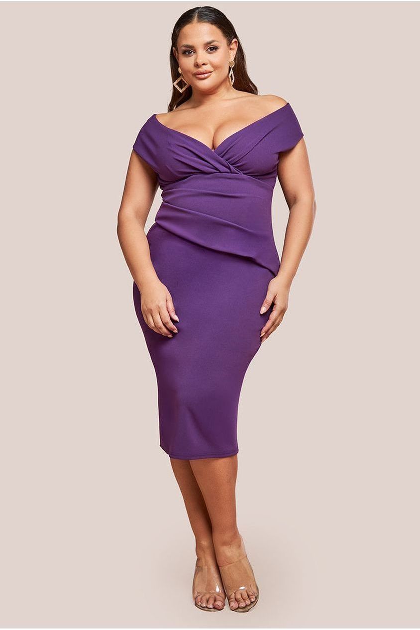 goddiva Scuba Bardot Pleated Midi Dress - Purple by Goddiva Plus