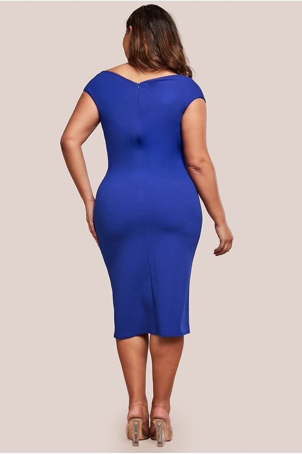 Goddiva Scuba Bardot Pleated Midi Dress - Royalblue By Goddiva Plus
