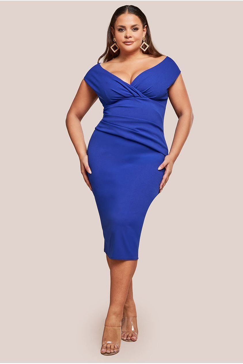 goddiva Scuba Bardot Pleated Midi Dress - Royalblue by Goddiva Plus