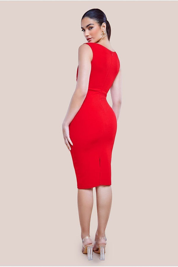 Goddiva Scuba Crepe Asymmetric Neck Midi Dress - Red By Goddiva