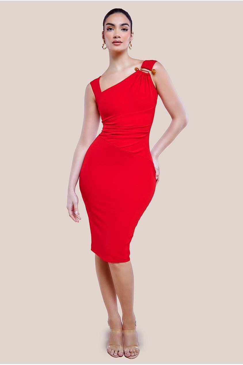 goddiva Scuba Crepe Asymmetric Neck Midi Dress - Red by Goddiva