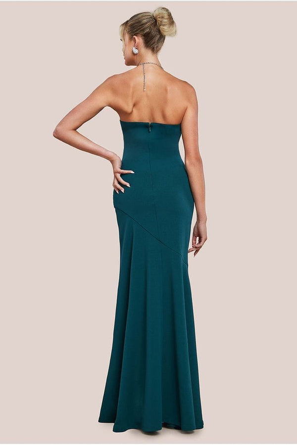 Goddiva Scuba Crepe Bandeau Maxi With Diamante Necklace - Emerald Green By Goddiva