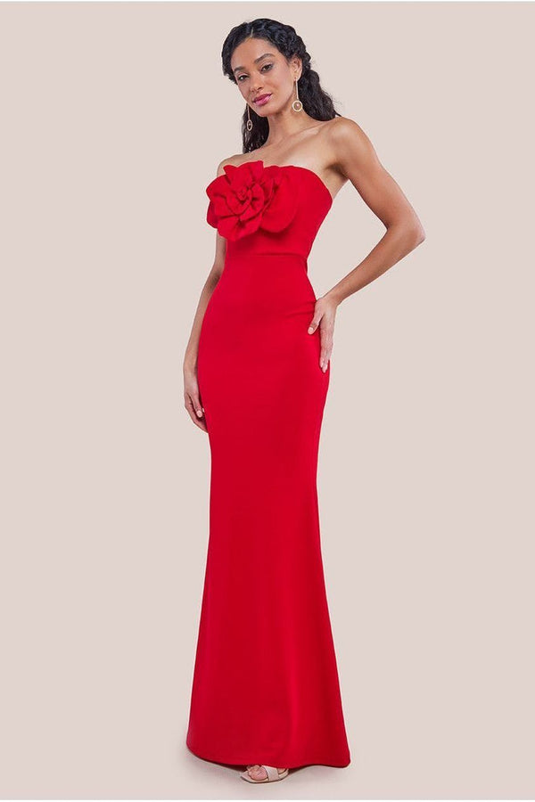 Goddiva Scuba Crepe Bandeau Rose Maxi Dress - Red By Goddiva