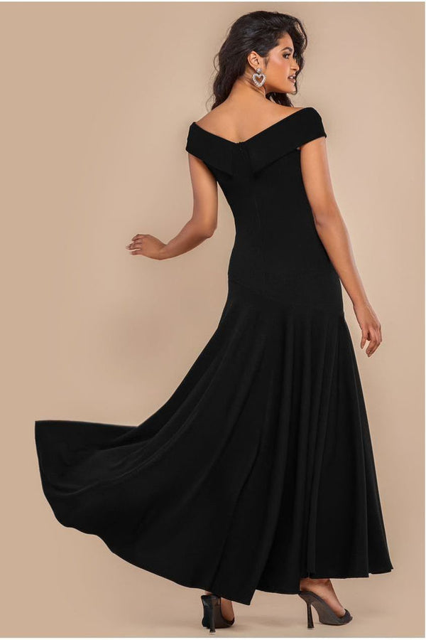 Goddiva Scuba Crepe Off Shoulder Front Split Maxi Dress - Black By Goddiva