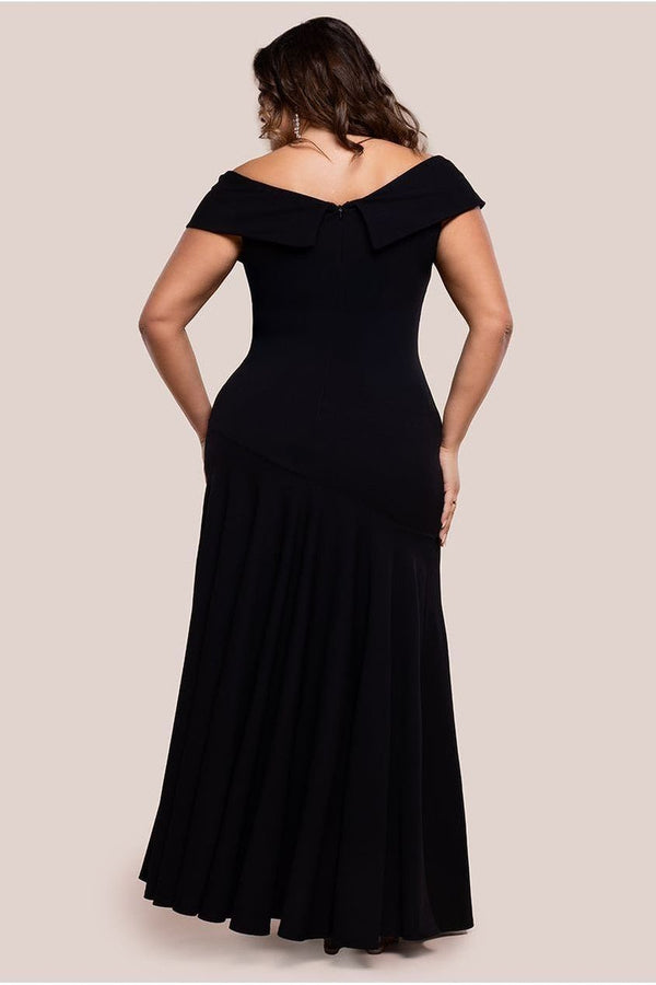 Goddiva Scuba Crepe Off Shoulder Front Split Maxi Dress - Black By Goddiva Plus