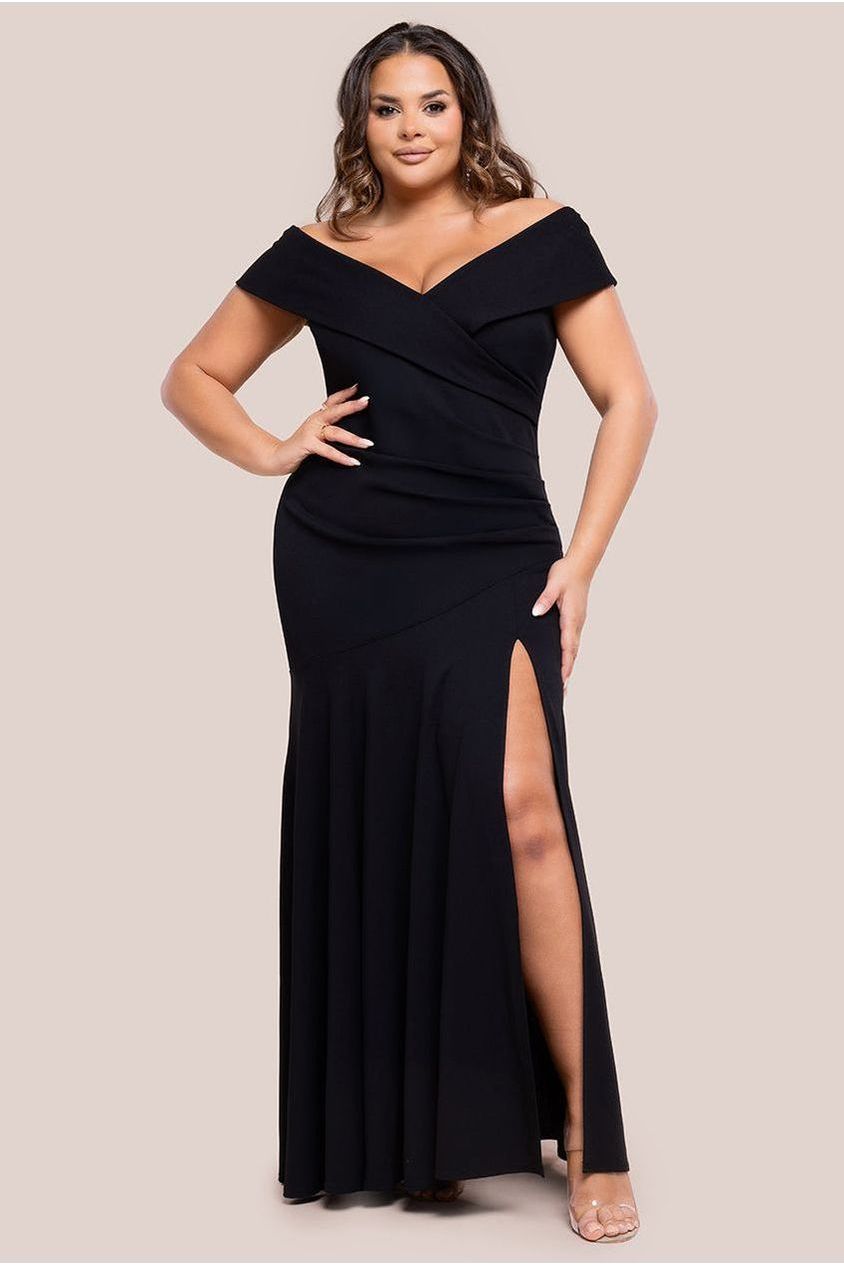 goddiva Scuba Crepe Off Shoulder Front Split Maxi Dress - Black by Goddiva Plus
