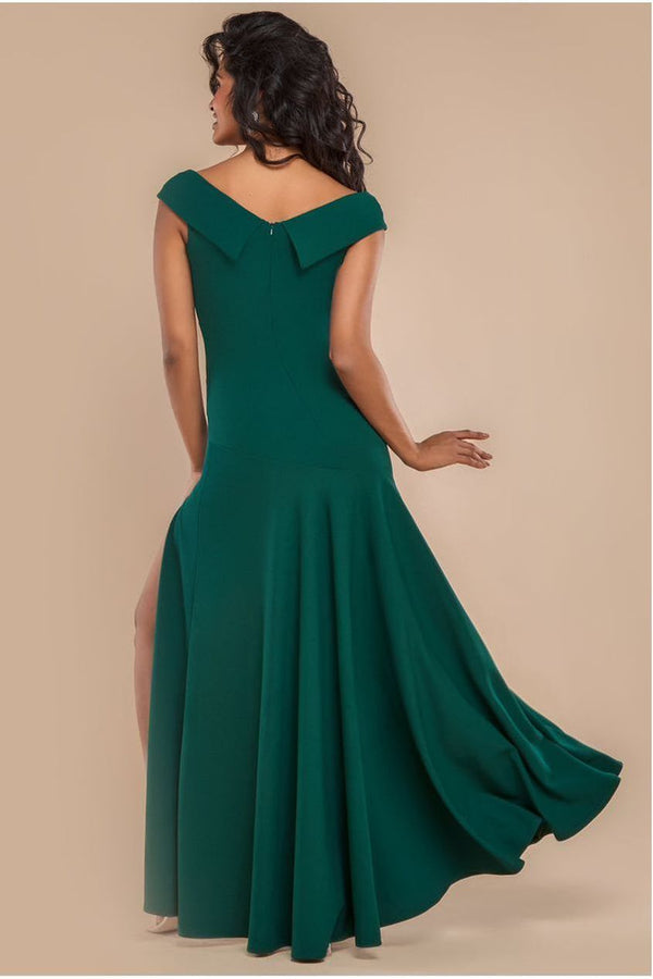 Goddiva Scuba Crepe Off Shoulder Front Split Maxi Dress - Emerald Green By Goddiva