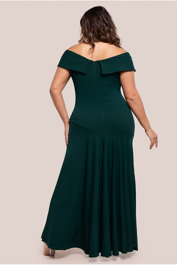 Goddiva Scuba Crepe Off Shoulder Front Split Maxi Dress - Emerald Green By Goddiva Plus