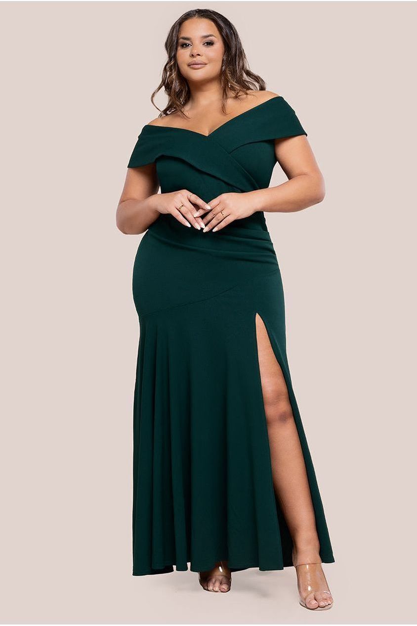 goddiva Scuba Crepe Off Shoulder Front Split Maxi Dress - Emerald Green by Goddiva Plus