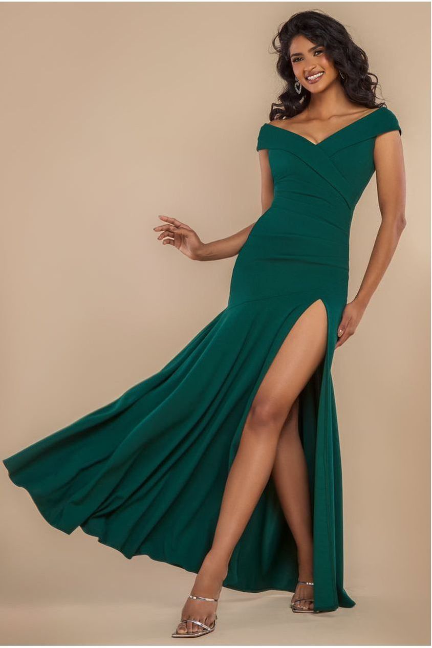 goddiva Scuba Crepe Off Shoulder Front Split Maxi Dress - Emerald Green by Goddiva
