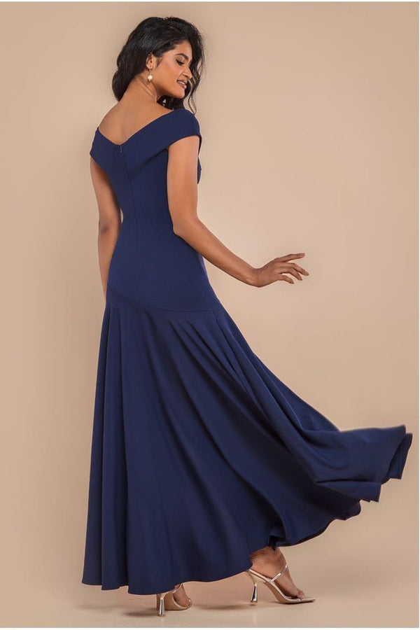 Goddiva Scuba Crepe Off Shoulder Front Split Maxi Dress - Navy Blue By Goddiva