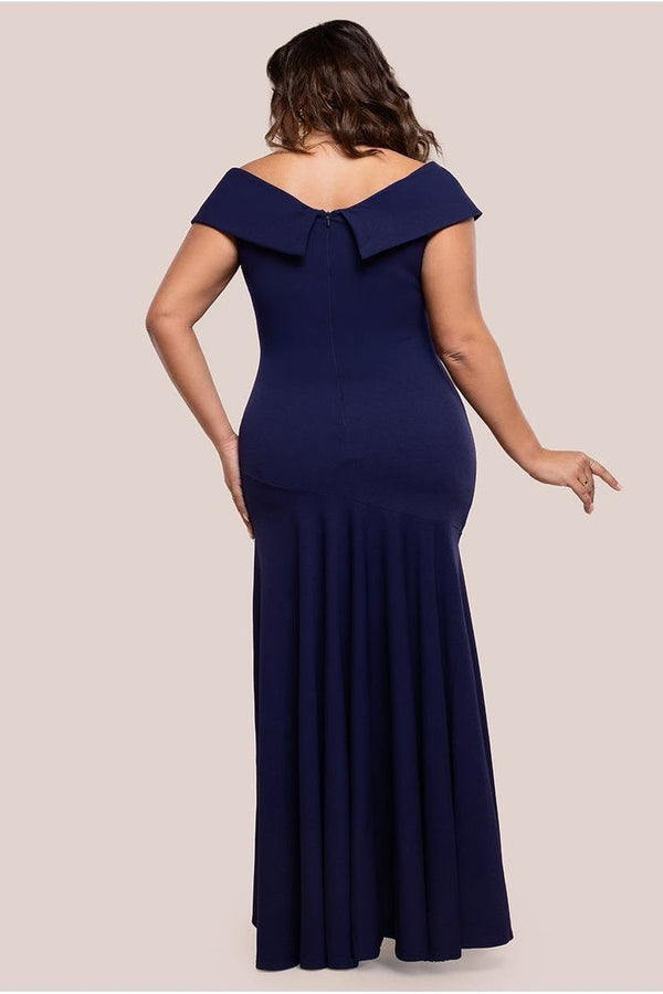 Goddiva Scuba Crepe Off Shoulder Front Split Maxi Dress - Navy Blue By Goddiva Plus