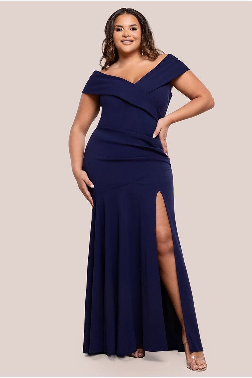 goddiva Scuba Crepe Off Shoulder Front Split Maxi Dress - Navy Blue by Goddiva Plus